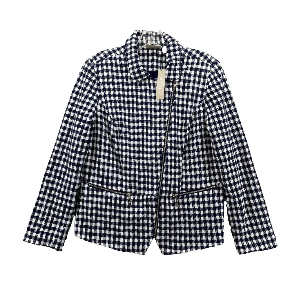 Chicos Moto Jacket Women 1 Navy Gingham Corpcore Sophisticated Travel Preppy 90s